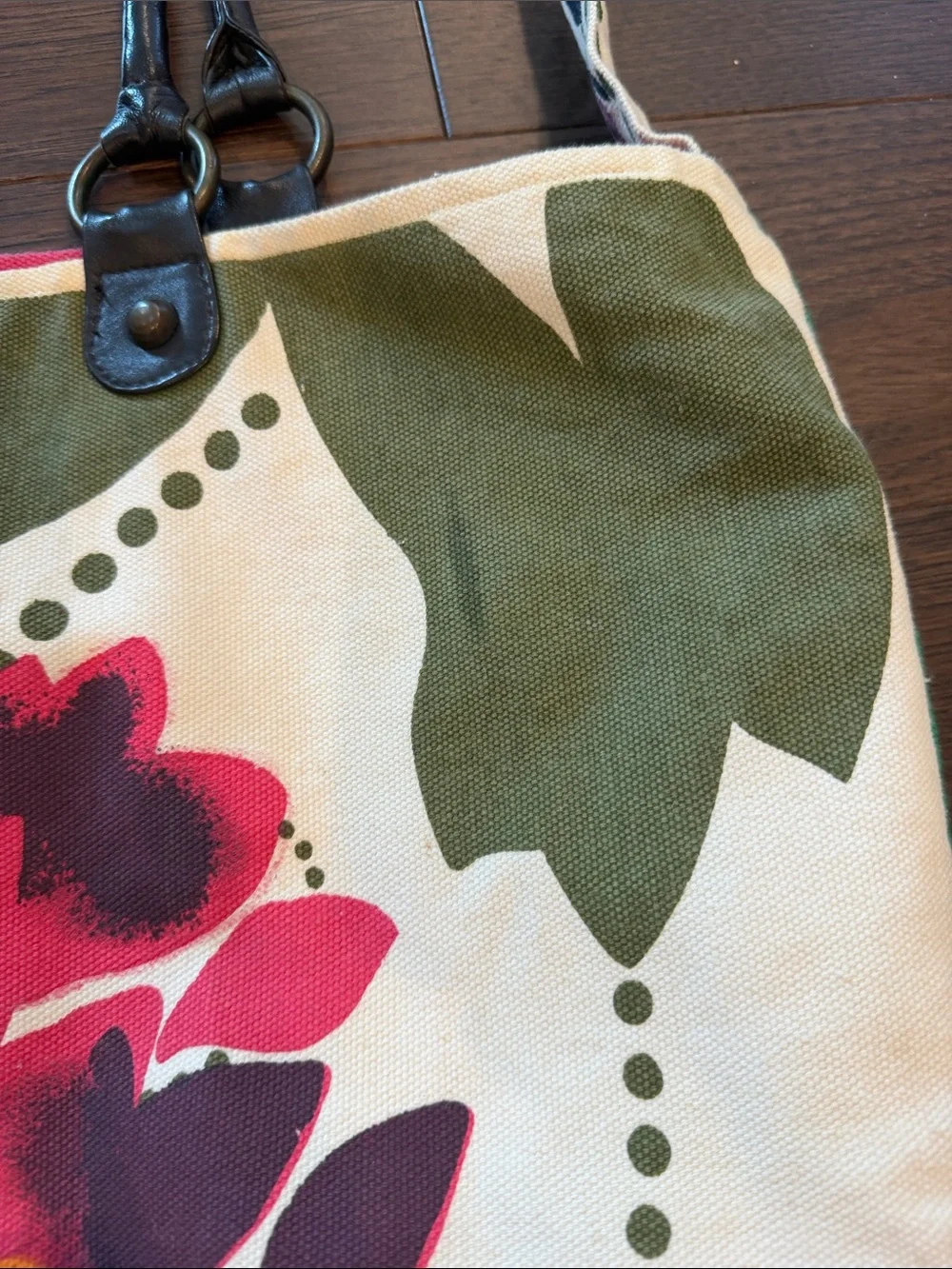Neat Canvas Floral Tote Bag with Pink & Green Print With Leather Straps